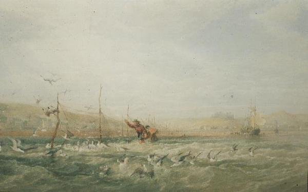Pescadores persiguiendo gaviotas desde las redes, Mumbles, Gales del Sur de Edward Duncan
