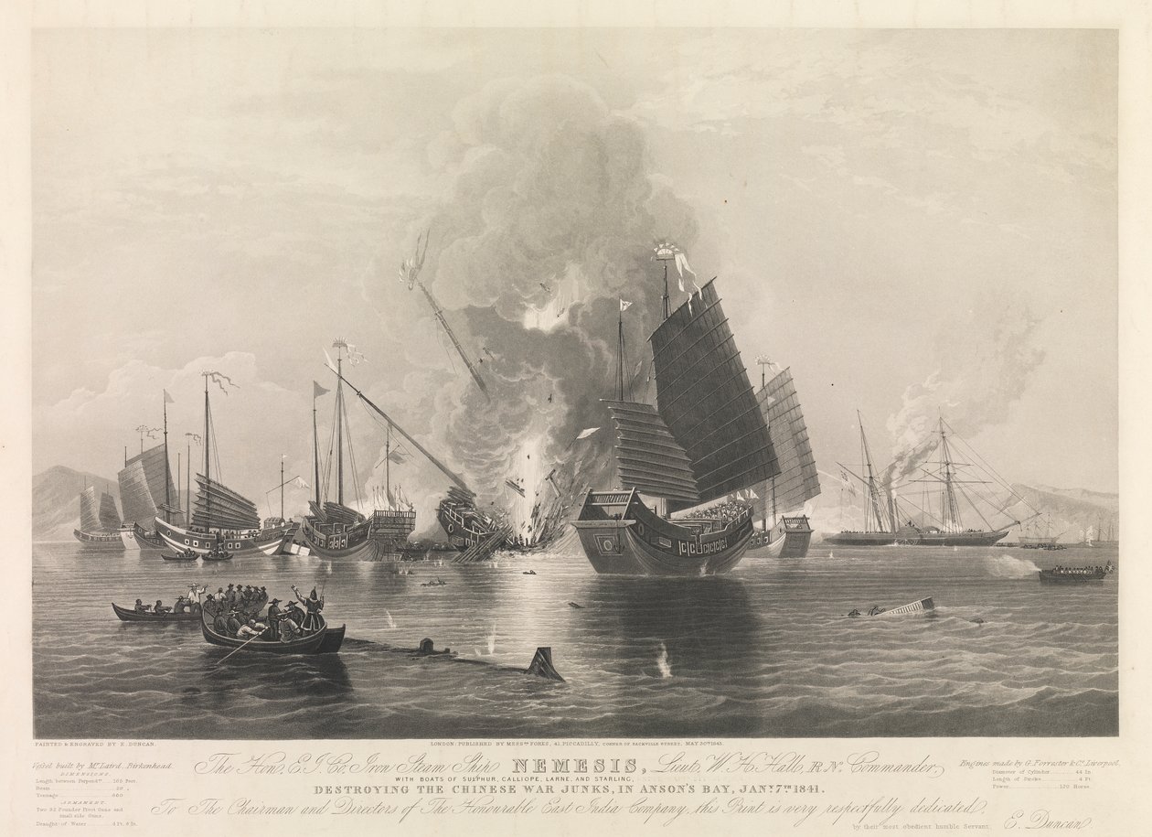El Hon. E.I. Co. Iron Steam Ship Nemesis, ... con botes de Sulphur, Calliope, Larne y Starling, destruyendo los juncos de guerra chinos, en Anson