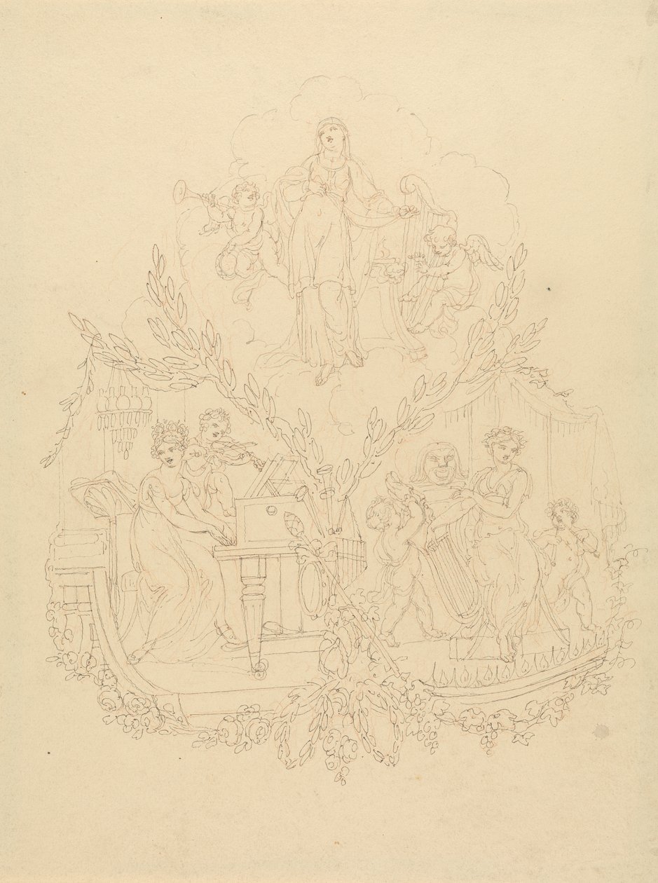 Figuras femeninas y putti tocando instrumentos musicales de Edward Francis Burney