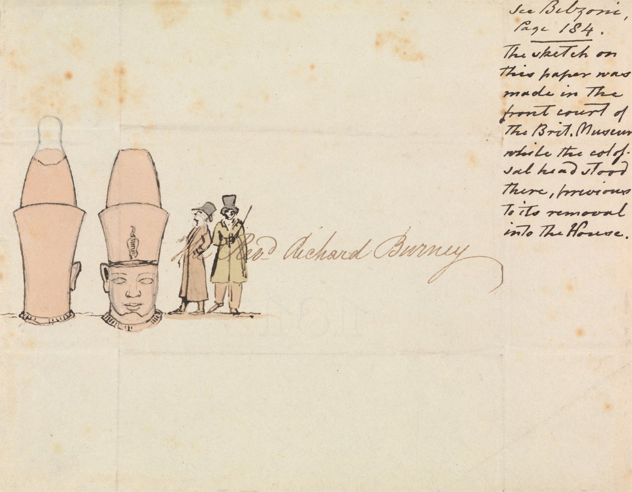 Carta al reverendo Richard Burney con un dibujo de una cabeza colosal del patio del Museo Británico de Edward Francis Burney