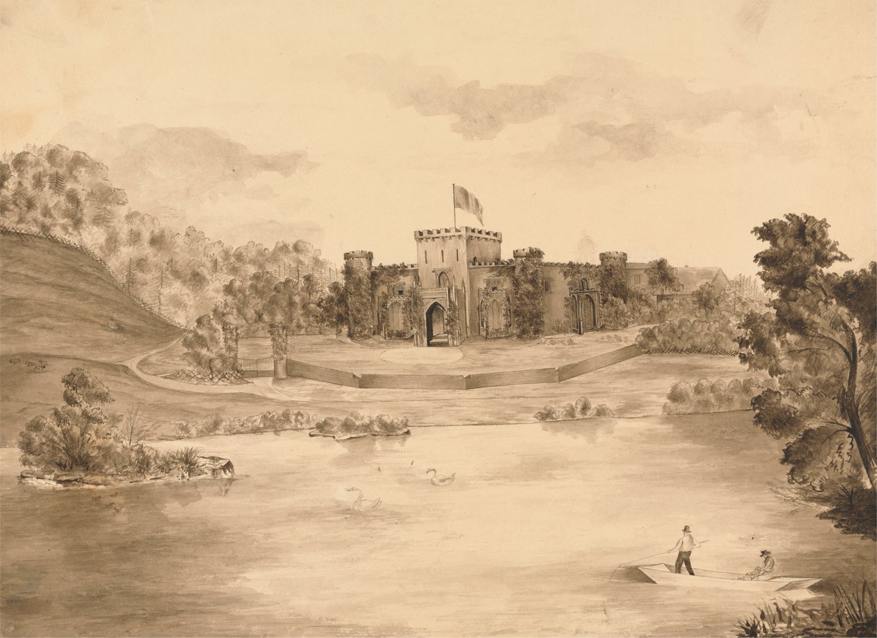Paisaje fluvial con castillo de Edward Francis Burney