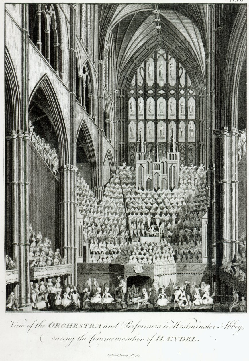 Vista de la orquesta y los intérpretes en la Abadía de Westminster, durante la conmemoración de Handel, publicado por Charles Burney, 1785 de Edward Francis Burney