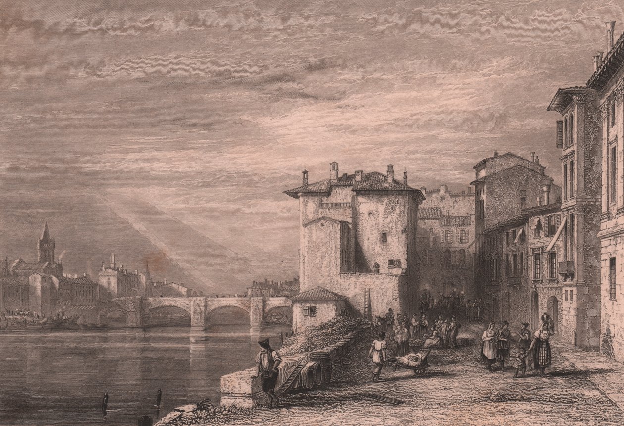 Vista de Verona sobre el río Adigio, Véneto, Italia, grabado en acero de Edward Francis Finden (1791-1857) según dibujo de Augustus Wall Calcott (1779-1844), ca 12x10 cm de Edward Francis Finden