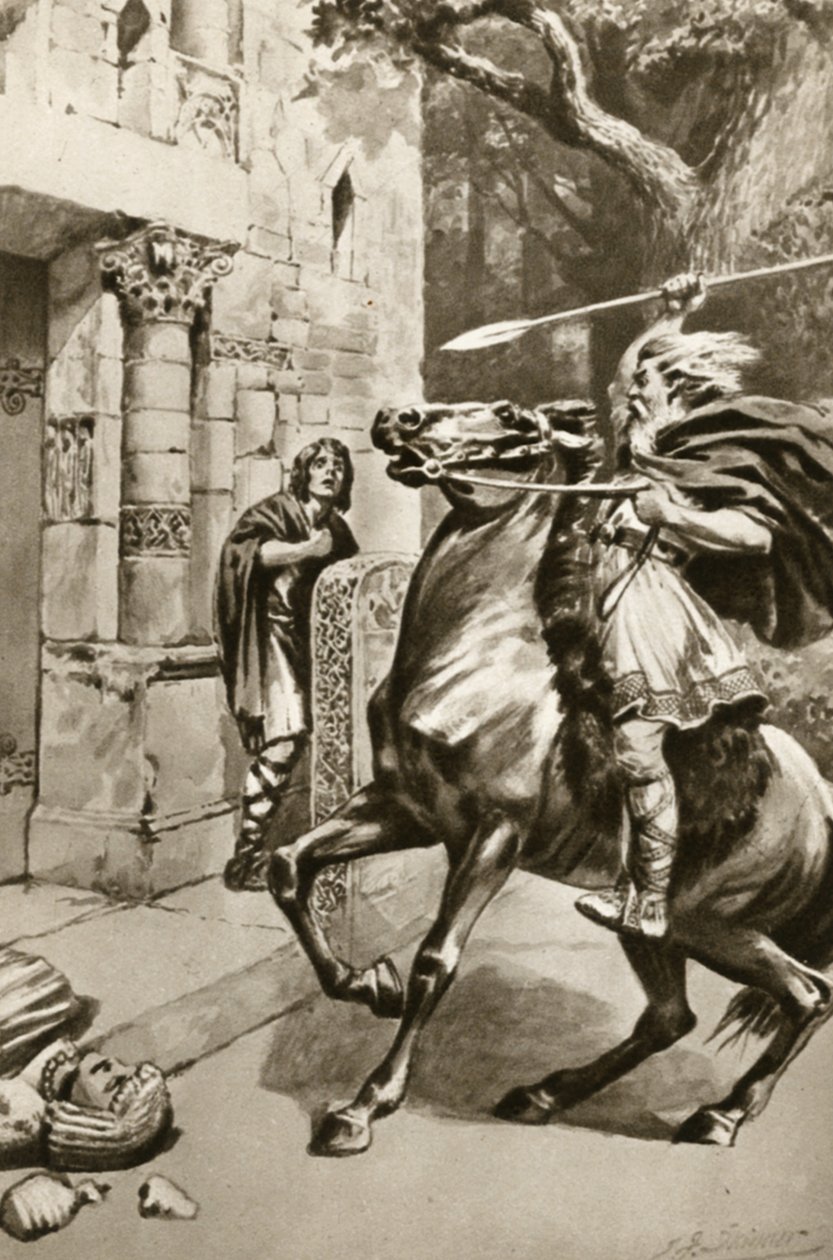 El Sumo Sacerdote Coifi cabalgando por Goodmanham Lane para aplastar a los ídolos, ilustración de 