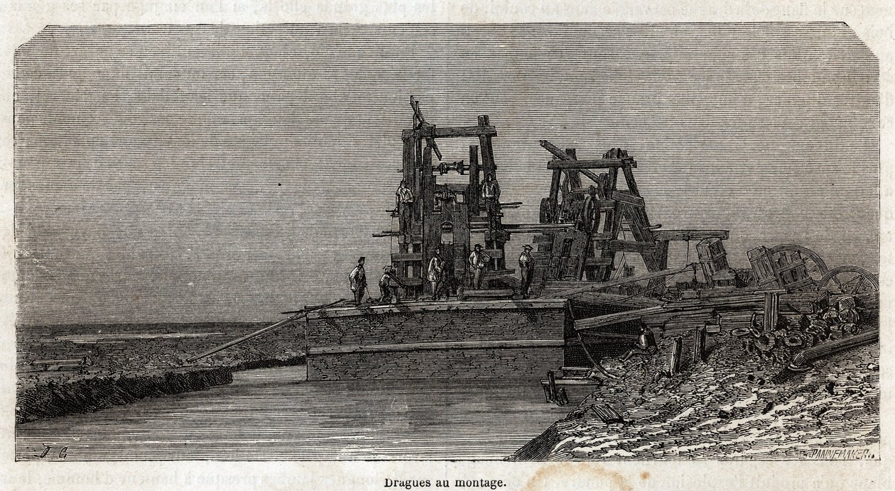 Dragas en el Canal de Suez, dibujo de Grenet, para ilustrar una excursión al Canal de Suez en 1862 por Paul Merruau. Grabado en "Le tour du monde", editado por Edouard Charton de Edward Grenet