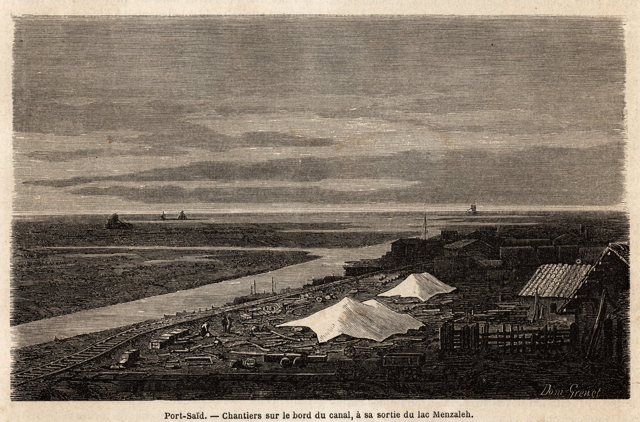 Astilleros de Port Said, en el borde del Canal de Suez, a su salida del Lago Menzaleh, dibujo de Grenet, para ilustrar una excursión al Canal de Suez, en 1862, por Paul Merruau. Grabado en "Le tour du monde", editado por Edouard Charton de Edward Grenet