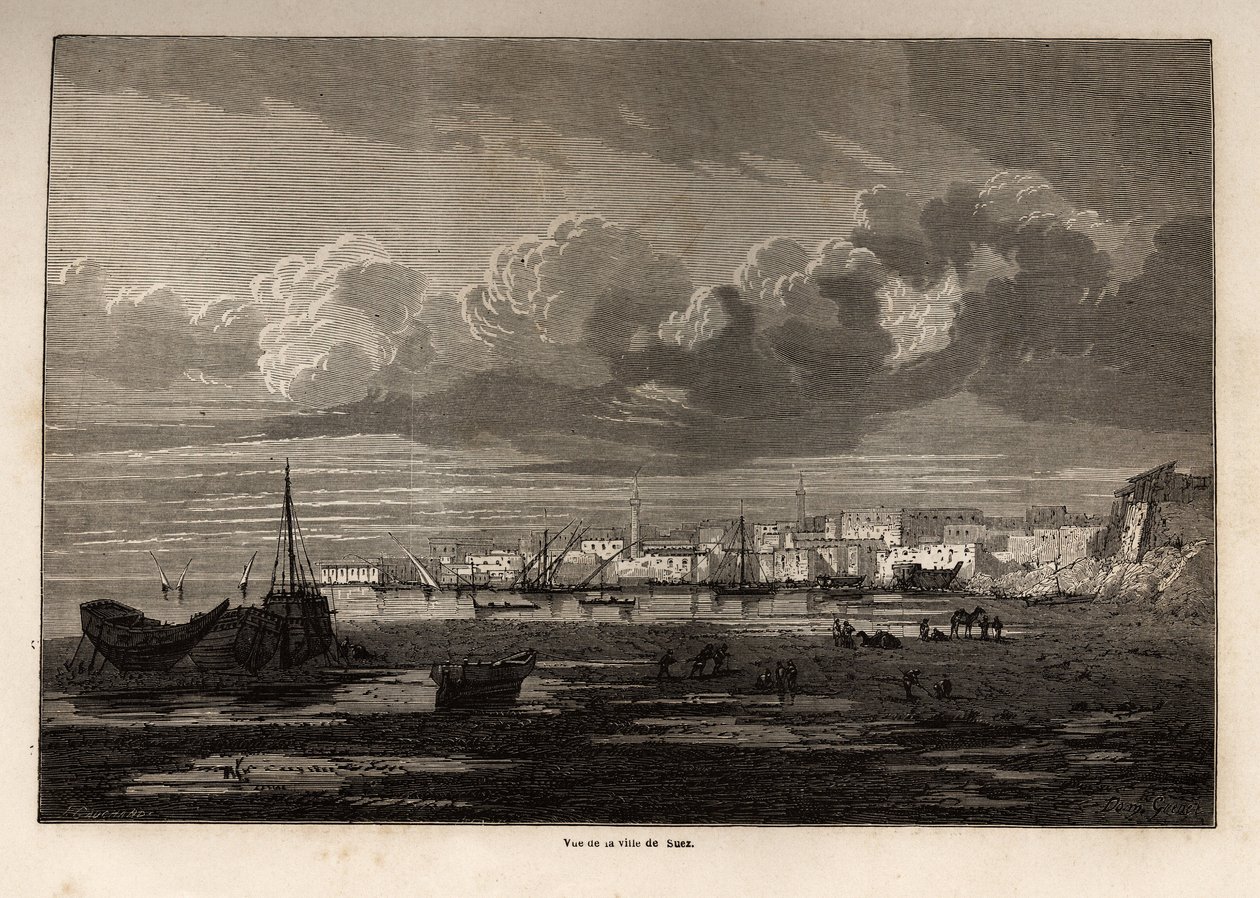Vista de la ciudad de Suez (Egipto), dibujo de Grenet, para ilustrar una excursión al Canal de Suez, en 1862, por Paul Merruau. Grabado en "Le tour du monde", editado por Edouard Charton de Edward Grenet
