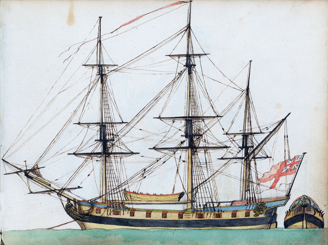Barco británico de 20 cañones, mostrando jarcias y un bote de barco, y una vista separada de la popa, c.1780 (acuarela, pluma y tinta ) de Edward Gwyn