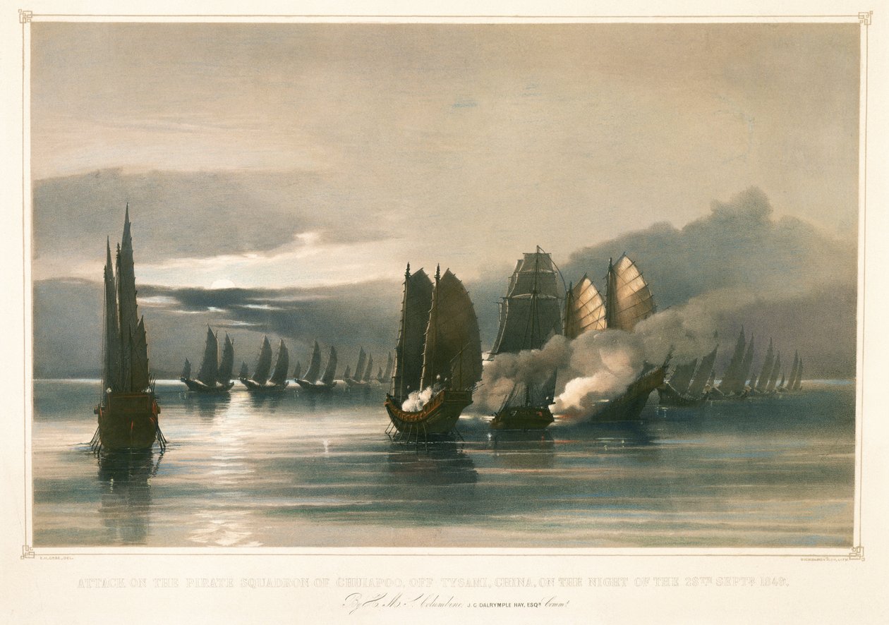 Ataque a la escuadra pirata de Chuiapoo, frente a Tysami, China, 28 de septiembre de 1849, mediados del siglo XIX (litografía) de Edward Hodges Cree