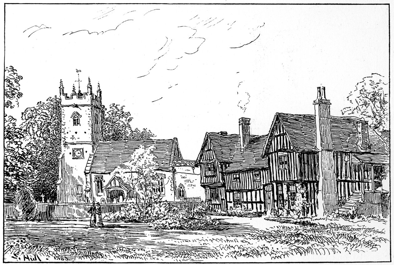 Iglesia de Clifford y casa antigua, Stratford-upon-Avon, Warwickshire, 1885 de Edward Hull