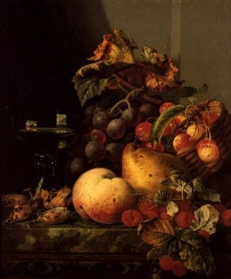 Naturaleza muerta con una copa de vino, cerezas y otras frutas en un estante de Edward Ladell