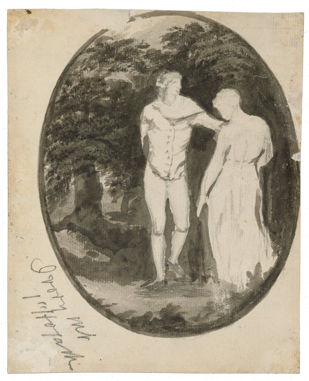 Una pareja en un paisaje boscoso en un óvalo (verso), c. 1838-1848 de Edward Lear