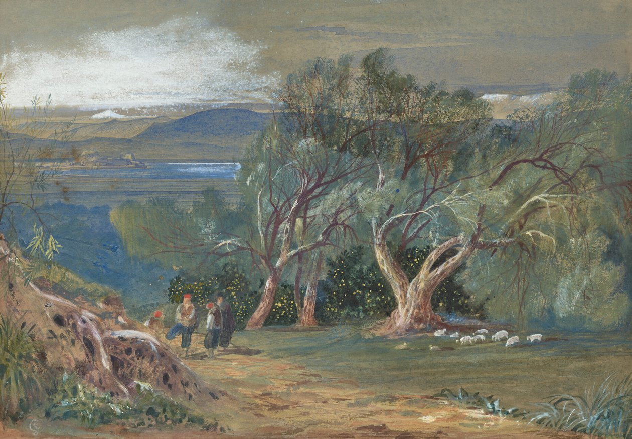 Una vista lejana de Corfú desde Viros de Edward Lear