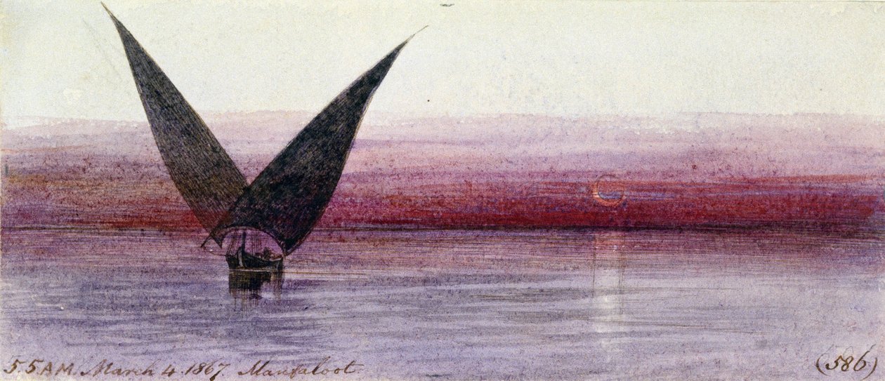 Un barco egipcio en el Nilo, en Manfaloot (Egipto). Dibujo en acuarela coloreada de Edward Lear
