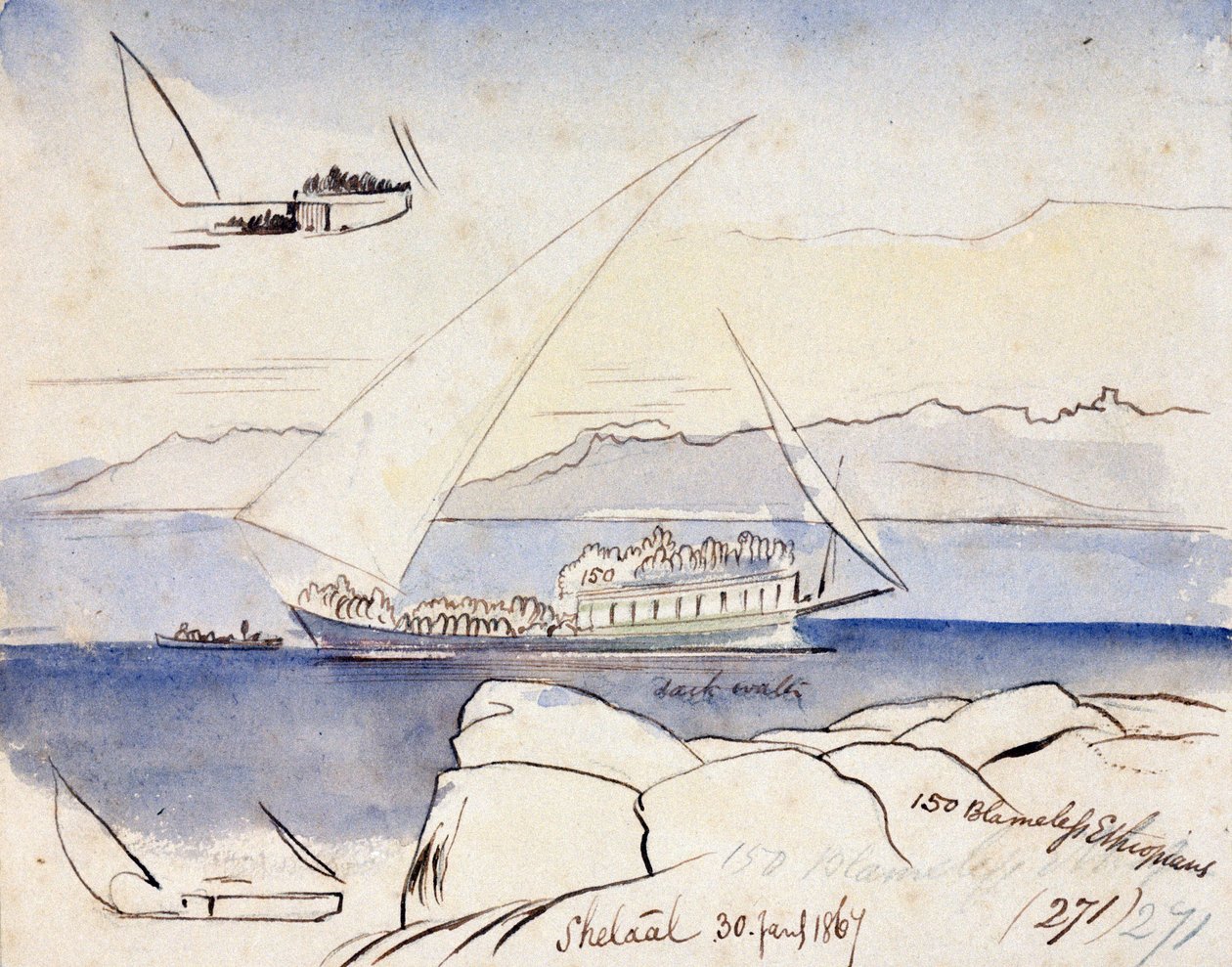 Un dhow egipcio en el Nilo, cerca de Shetaal (Egipto). Dibujo en acuarela coloreada de Edward Lear