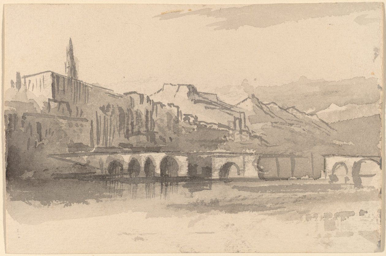 Puente con montañas a lo lejos, Ventimiglia de Edward Lear
