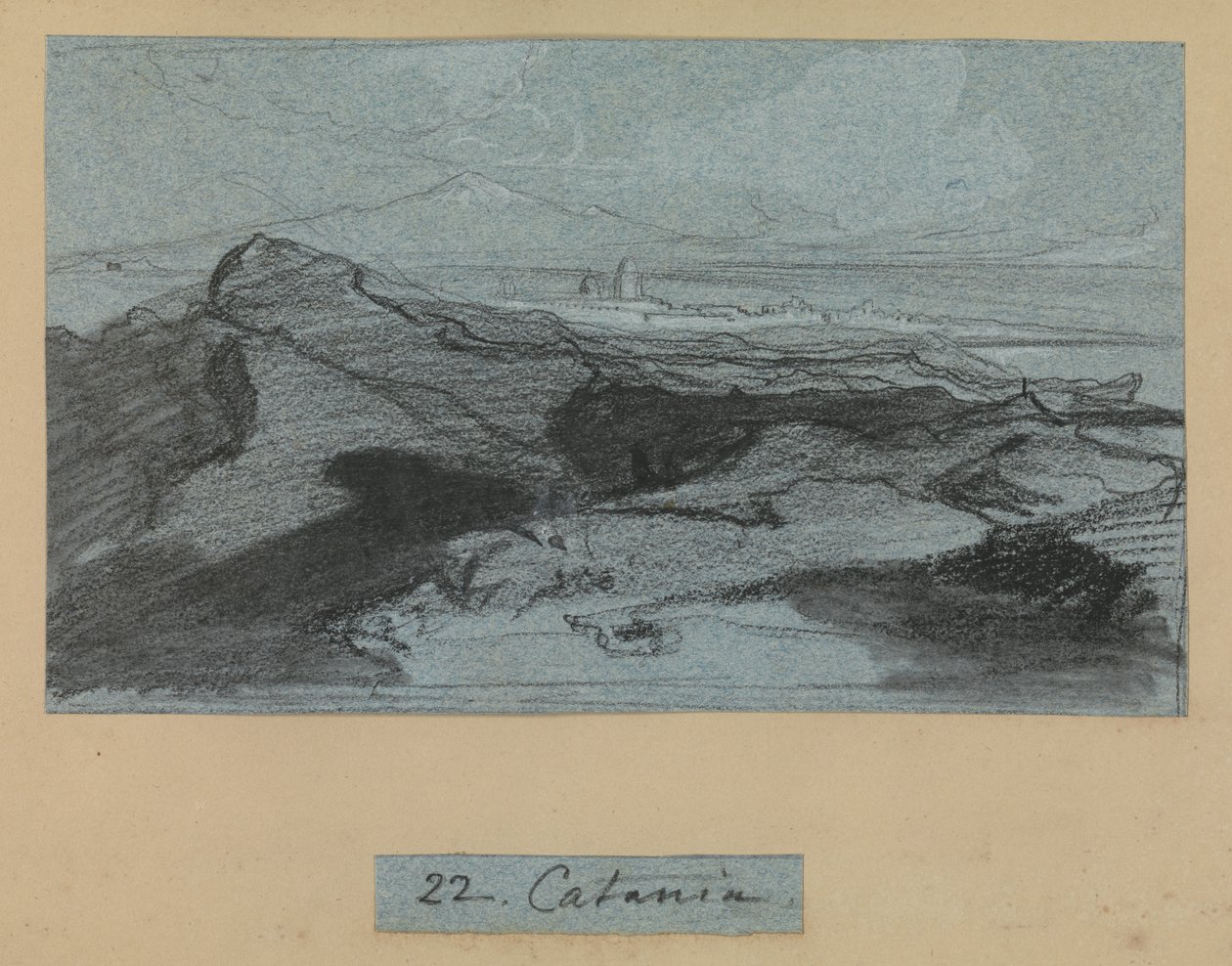 Catania, de Vistas de Sicilia (tiza y gouache sobre papel azul) de Edward Lear