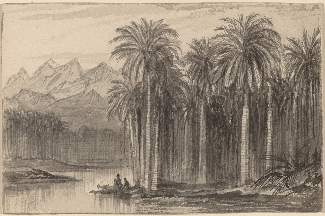 Figuras partiendo en canoas desde un bosque de palmeras (Wady Feiran) de Edward Lear