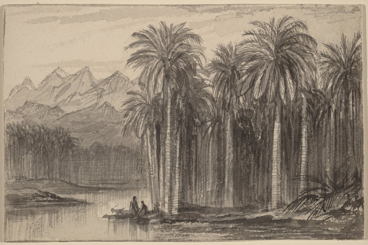 Figuras partiendo en canoas desde un palmeral (Wadi Feiran) de Edward Lear