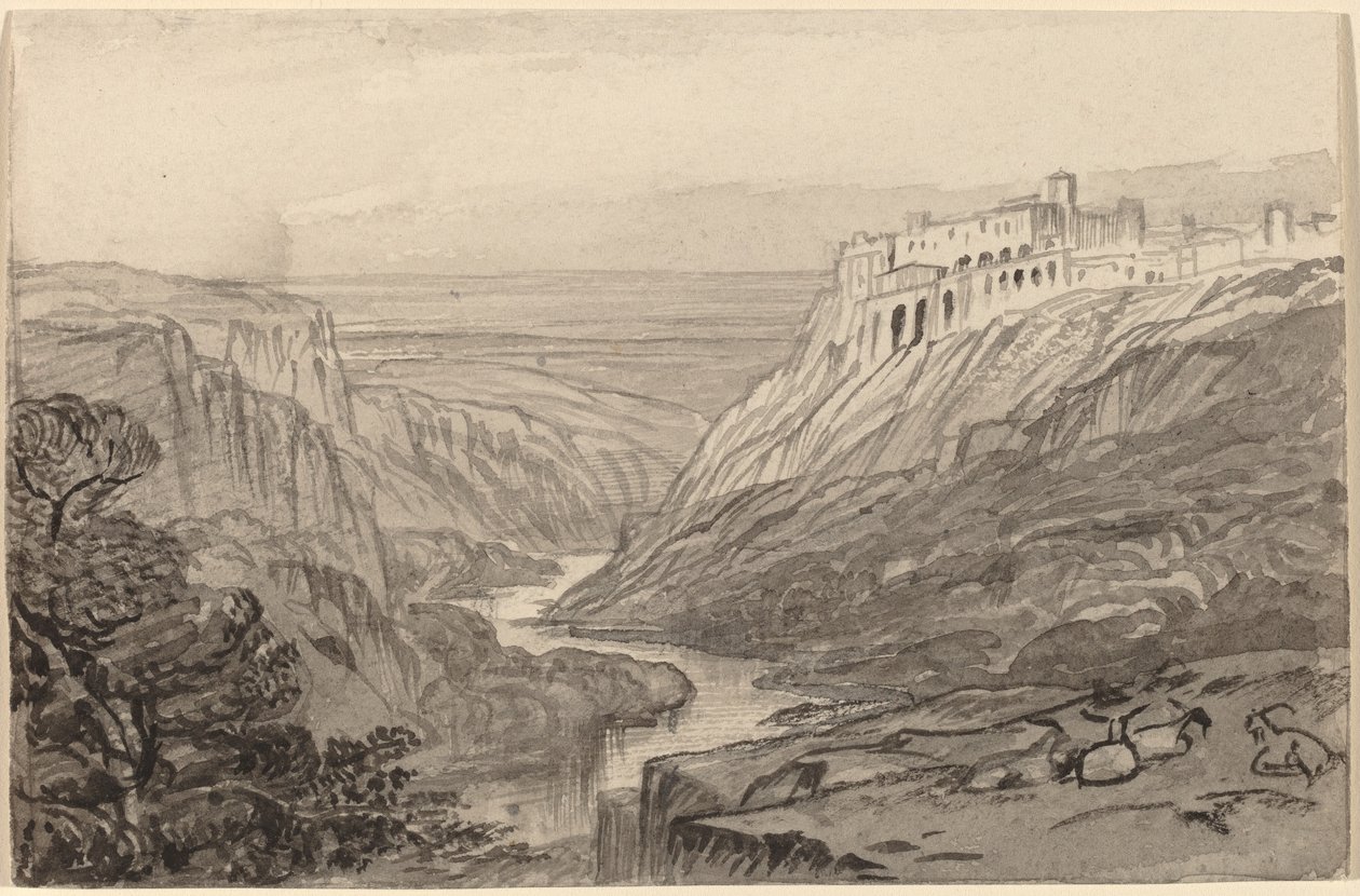 Cabras descansando sobre una garganta del río Narni, Italia de Edward Lear