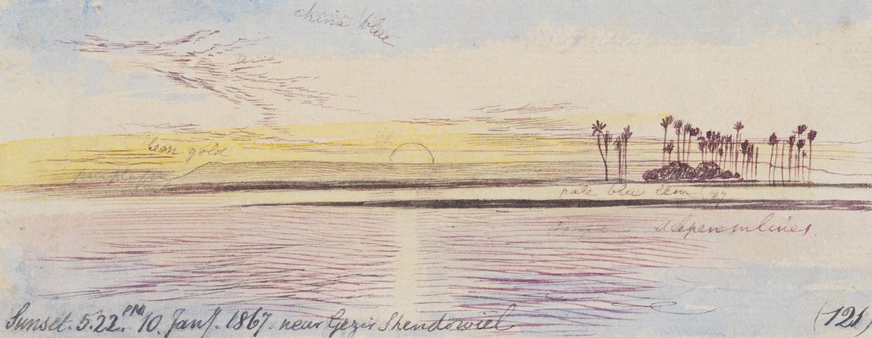Cerca de Gezir Shendowiel; puesta de sol, 17:22 h, 10 de enero de 1867 (121) de Edward Lear