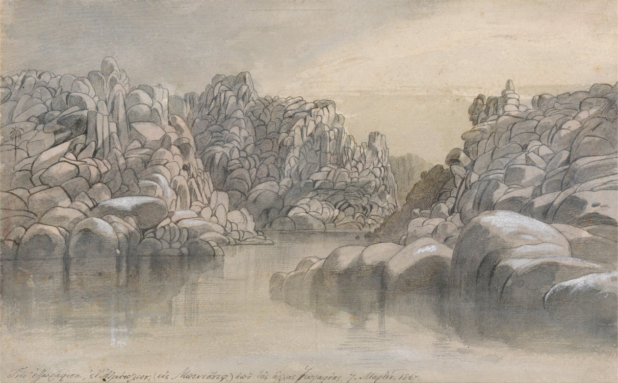 Paso del río entre acantilados de roca semi yerma de Edward Lear