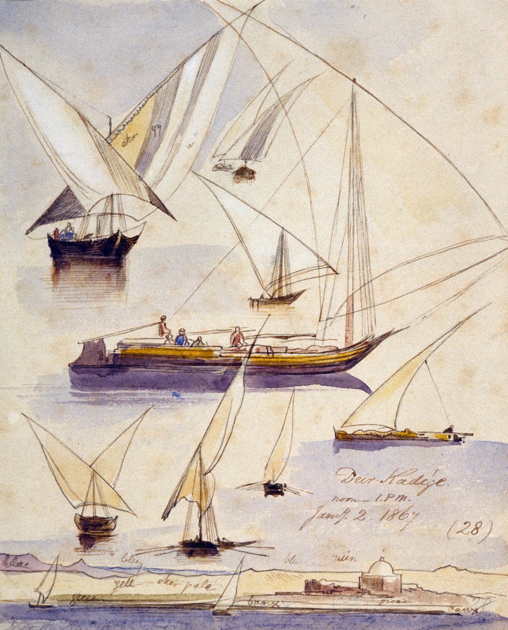 Estudios de varios barcos egipcios (incluidos dahabeeyahs y gyassis) cerca de Deir KAdige (Egipto) representados en un tramo tranquilo y, en la parte inferior de la página, una vista de las orillas del Nilo con una mezquita. de Edward Lear