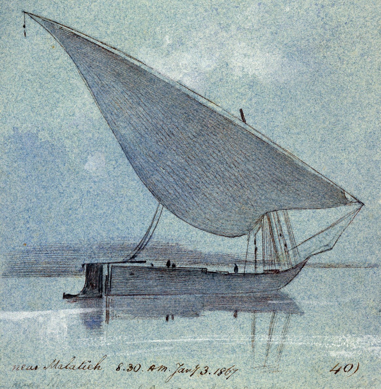 Estudio de un gyasi (barco egipcio) cerca de Malatieh (o Malatia, Egipto). Dibujo en acuarela coloreada de Edward Lear