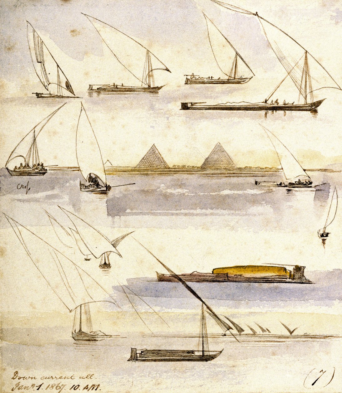 Estudio de varios barcos egipcios (Dahabeeyahs y Gyassis), con una escena delante de las pirámides de Giza (El Cairo) en el centro de la página. de Edward Lear