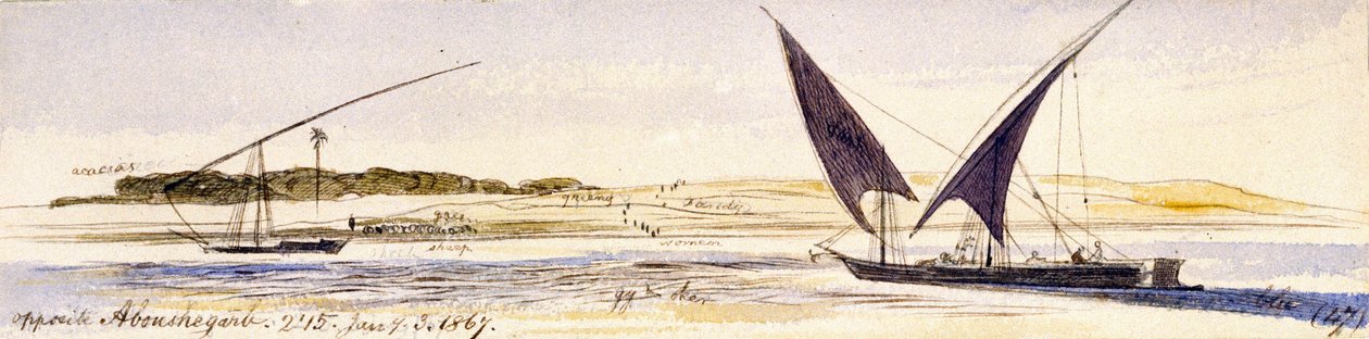 La extensión del Nilo y sus orillas, con dos embarcaciones tradicionales egipcias, entre ellas una Dahabeeya. Dibujo en acuarela coloreada de Edward Lear
