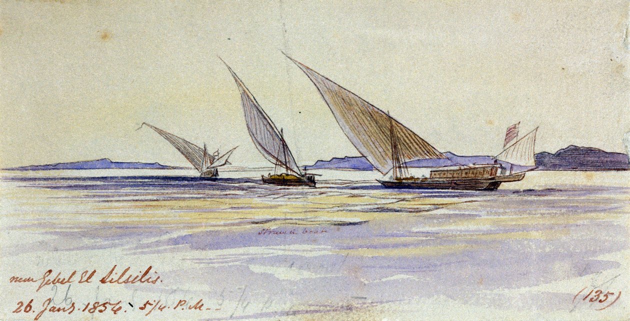 Tres barcos de transporte tradicionales egipcios, navegando por el Nilo, cerca de Gebel el-Silsila o Gebel Silsileh (Egipto) de Edward Lear