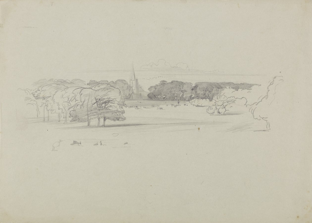Vista de una iglesia al otro lado de un prado de Edward Lear