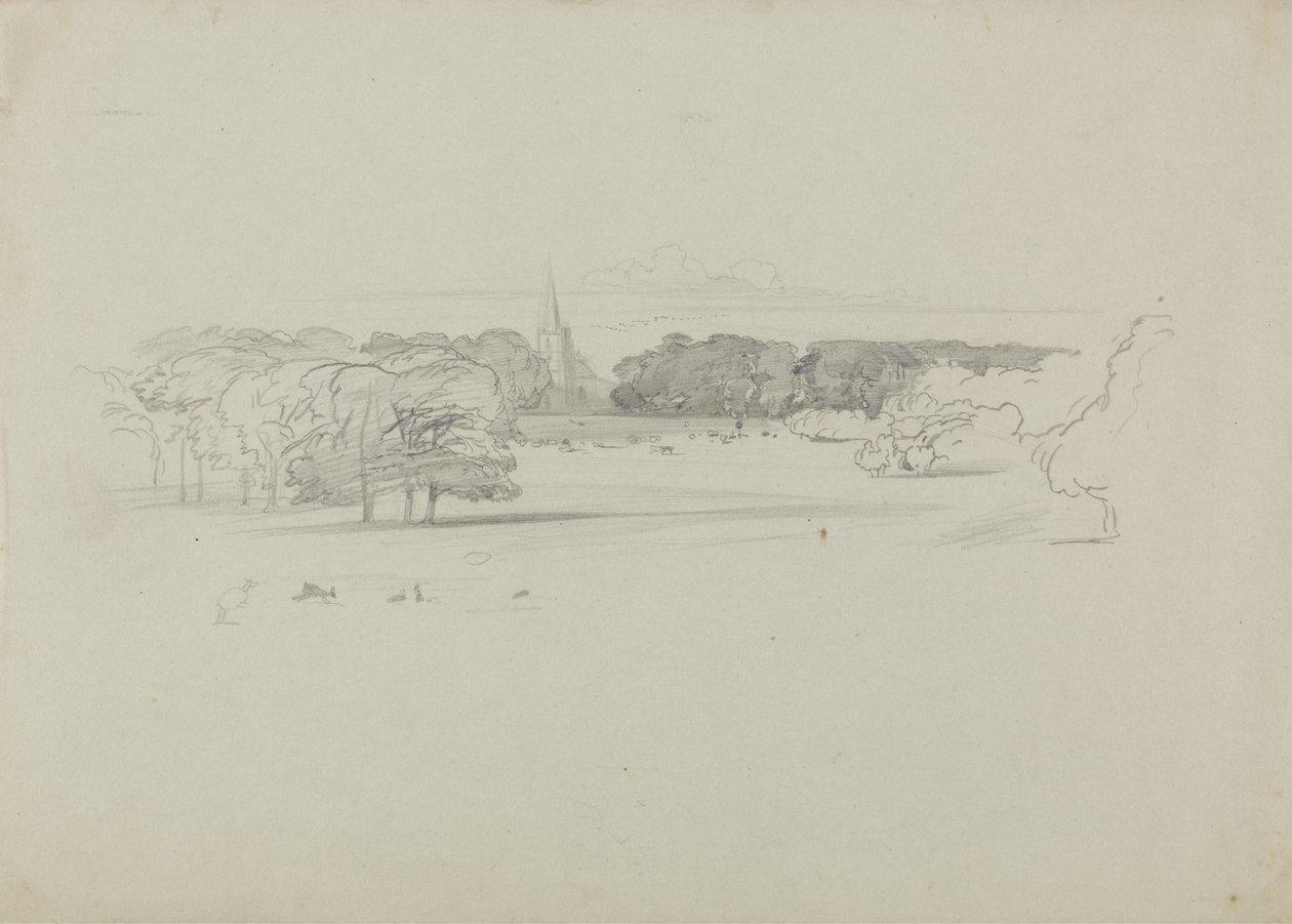 Vista a través de un prado hacia una iglesia de Edward Lear