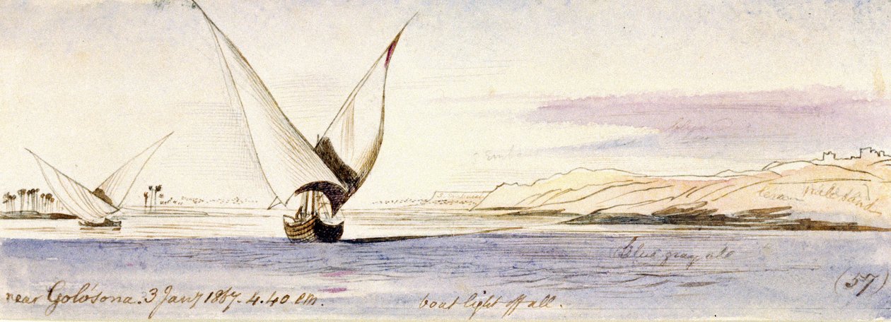 Vista del Nilo cerca de Golosona (Egipto), con una barca tradicional egipcia navegando. Dibujo en acuarela coloreada de Edward Lear