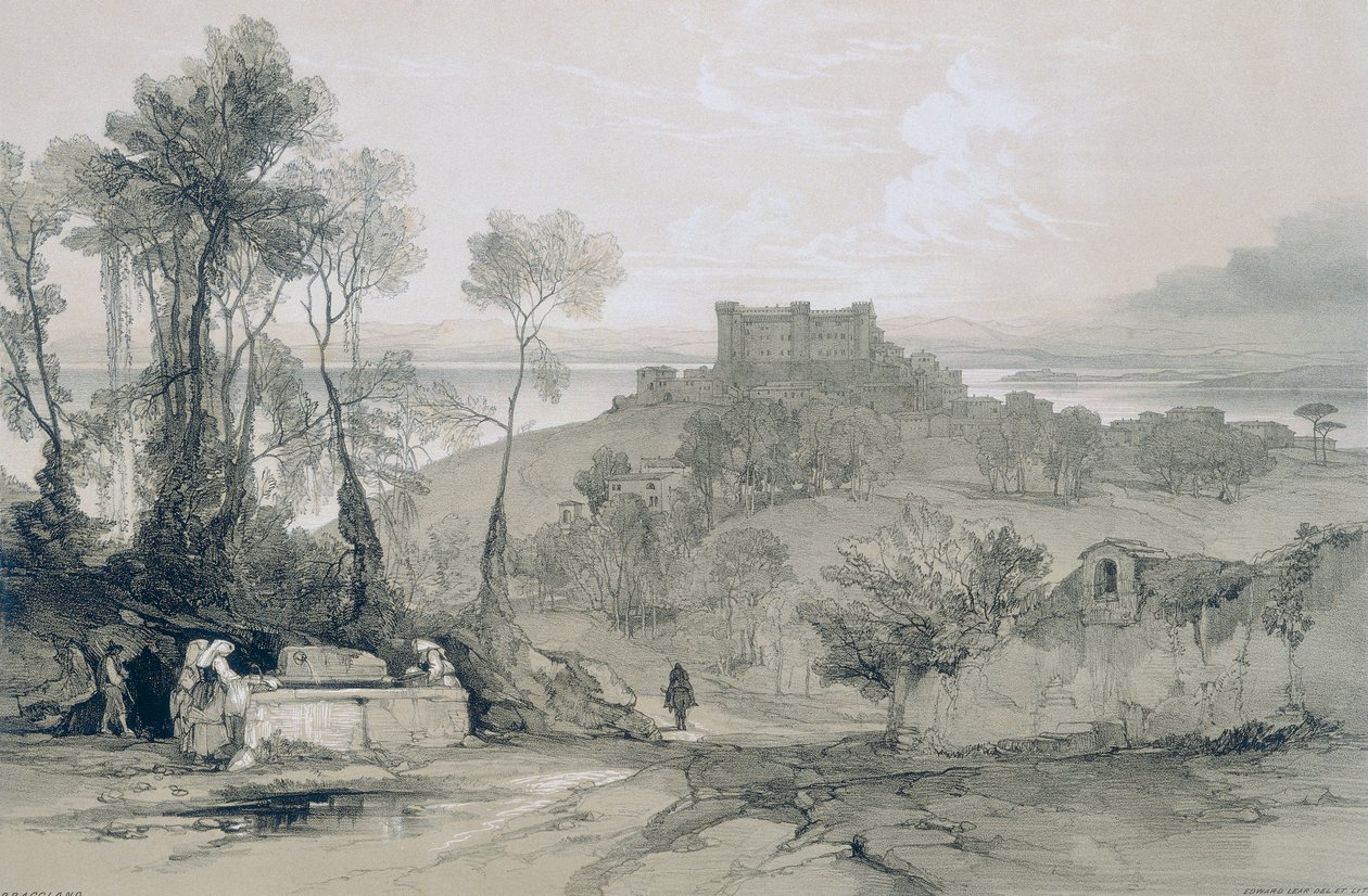 Vistas de Roma y sus Alrededores: Castillo y Pueblo de Bracciano en el Lago del Mismo Nombre de Edward Lear