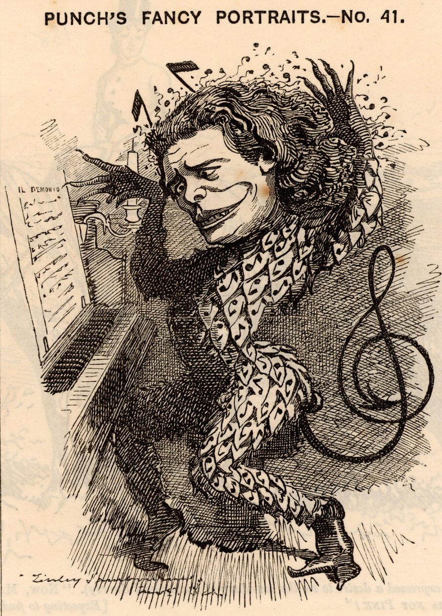"Anton Rubinstein (1829-1894) Pianista, compositor y director de orquesta ruso, fundador del Conservatorio de San Petersburgo. En la temporada de conciertos londinense de 1881 ganó alrededor de 10.000 libras esterlinas. Una de sus composiciones fue la óper de Edward Linley Sambourne