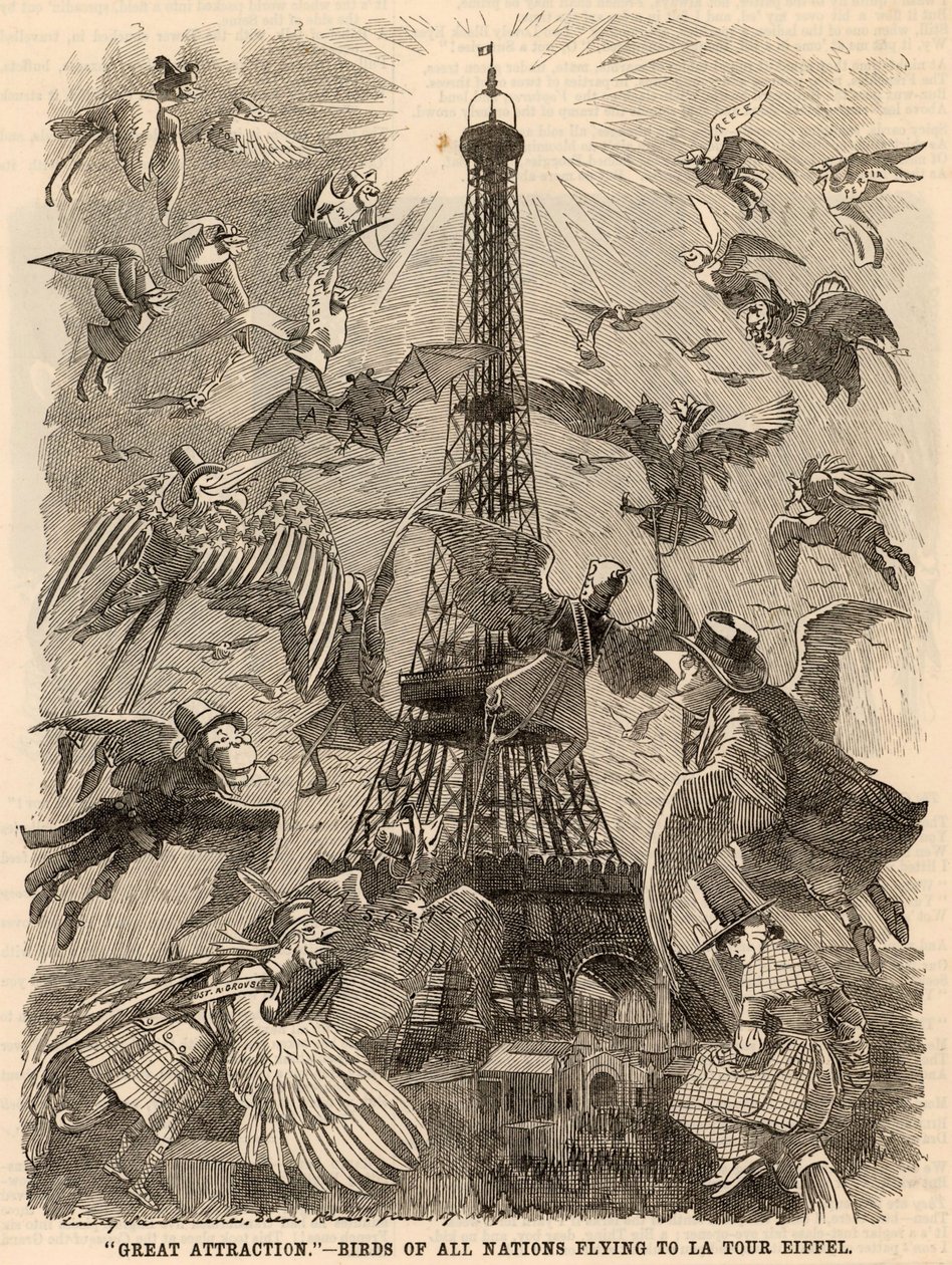 Aves de todas las naciones volando hacia la Torre Eiffel de Edward Linley Sambourne