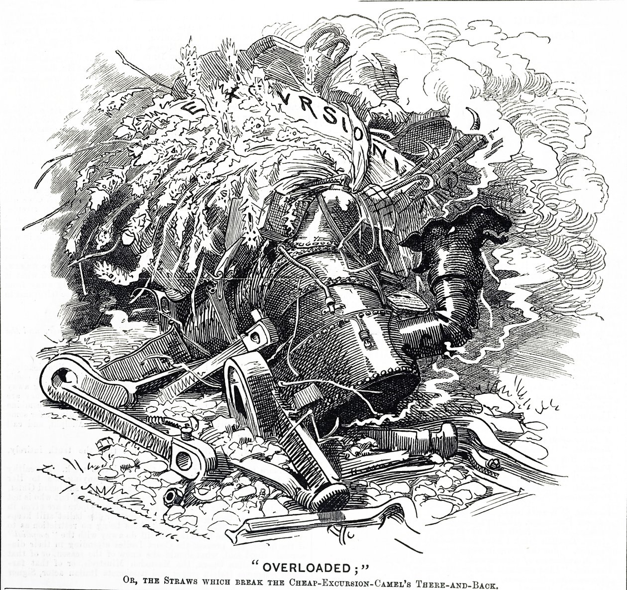 Caricatura titulada "Sobrecargado"; o la paja que rompió la espalda del camello de Edward Linley Sambourne