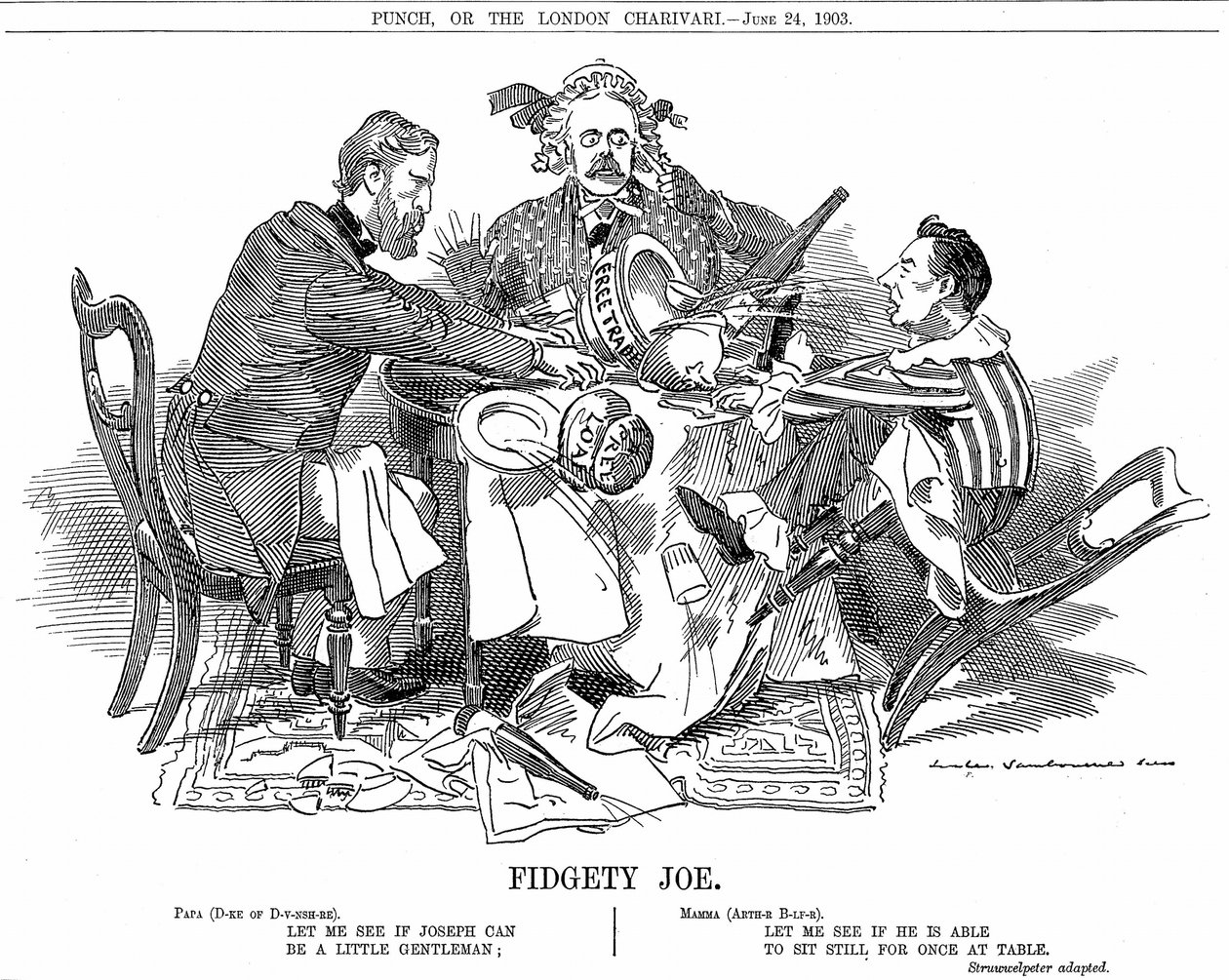 Gobierno de coalición. El duque de Devonshire y Arthur Balfour (centro) tratando de controlar a Joseph Chamberlain, líder del partido menor en la coalición. En septiembre de 1903 renunció para ser libre de abogar por sus reformas arancelarias. Caricatura d de Edward Linley Sambourne