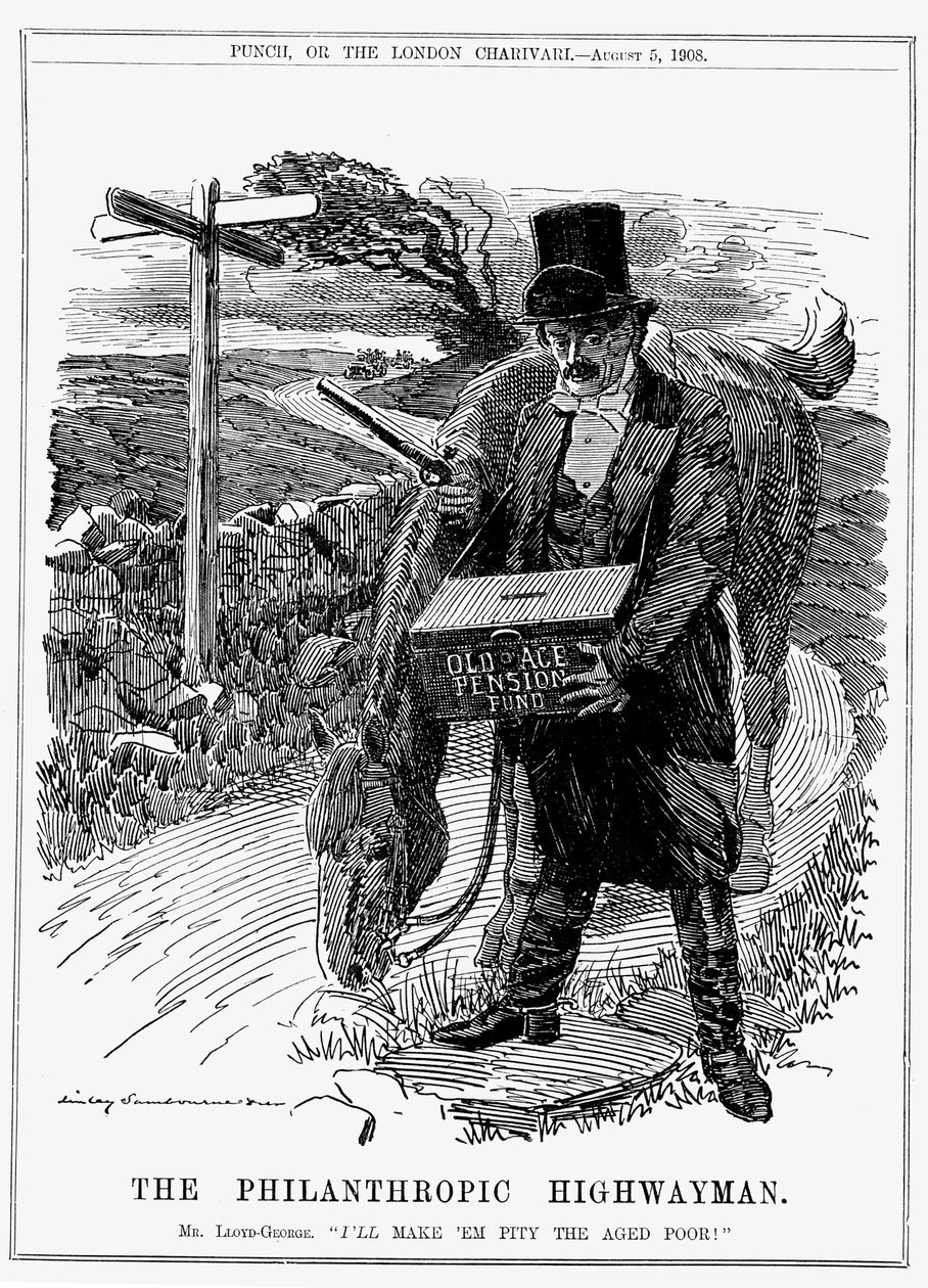 David Lloyd George (1863-1945) estadista liberal británico nacido en Gales. En 1908, como Canciller del Exchequer, Lloyd George introdujo su Ley de Pensiones de Vejez. Caricatura de Edward Linley Sambourne de Punch, Londres, agosto de 1908. de Edward Linley Sambourne