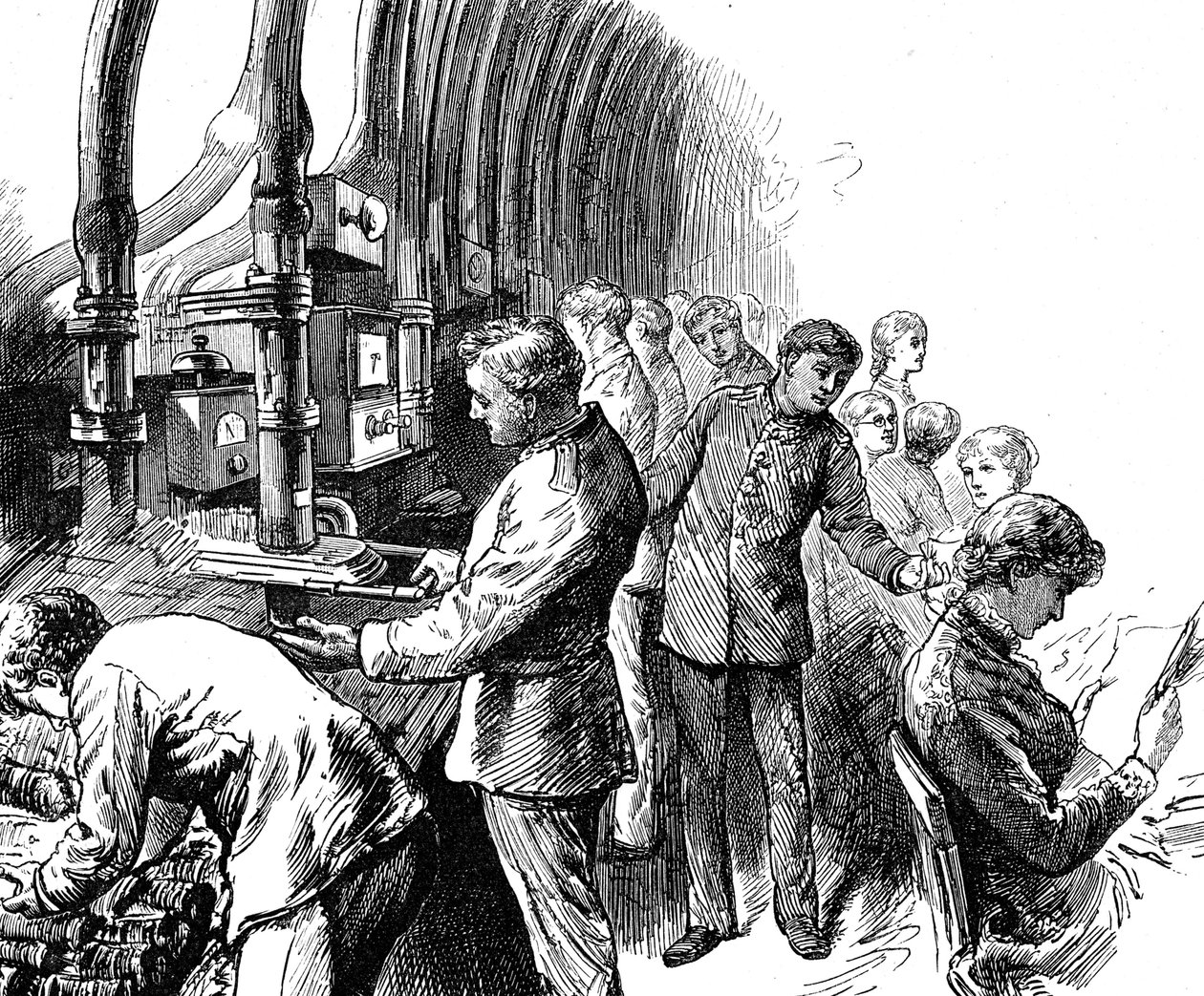 Grabado que representa el despacho neumático utilizado por la Oficina General de Correos para transportar paquetes bajo Londres de Edward Linley Sambourne