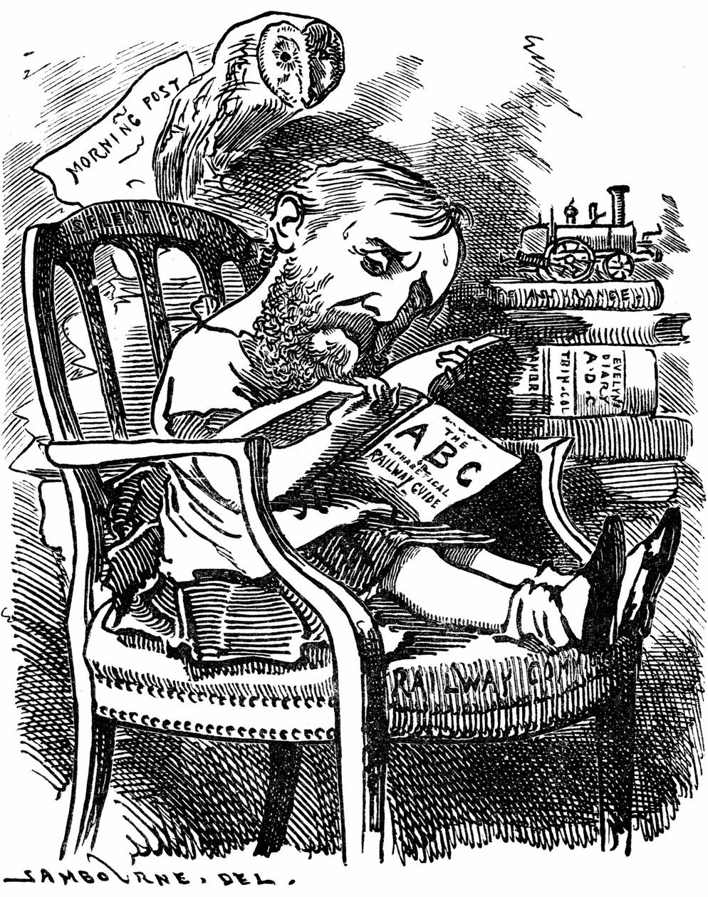 Evelyn Ashley (1836-1907) autor inglés y político liberal: hijo del 7º Conde de Shaftesbury. Caricatura de Edward Linley Sambourne en la serie Retratos de Fantasía de Punch Londres abril de 1881 cuando Ashley era subsecretario en la Junta de Comercio de Edward Linley Sambourne