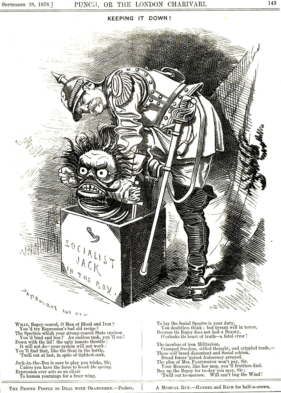Manteniéndolo abajo. Otto von Bismarck (1815-1898) Canciller de Alemania, tratando de forzar al Jack del Socialismo a volver a su caja. El pie de foto le dice que cada acto de represión actúa como un elixir para el deseo humano de más libertad. Caricatura  de Edward Linley Sambourne
