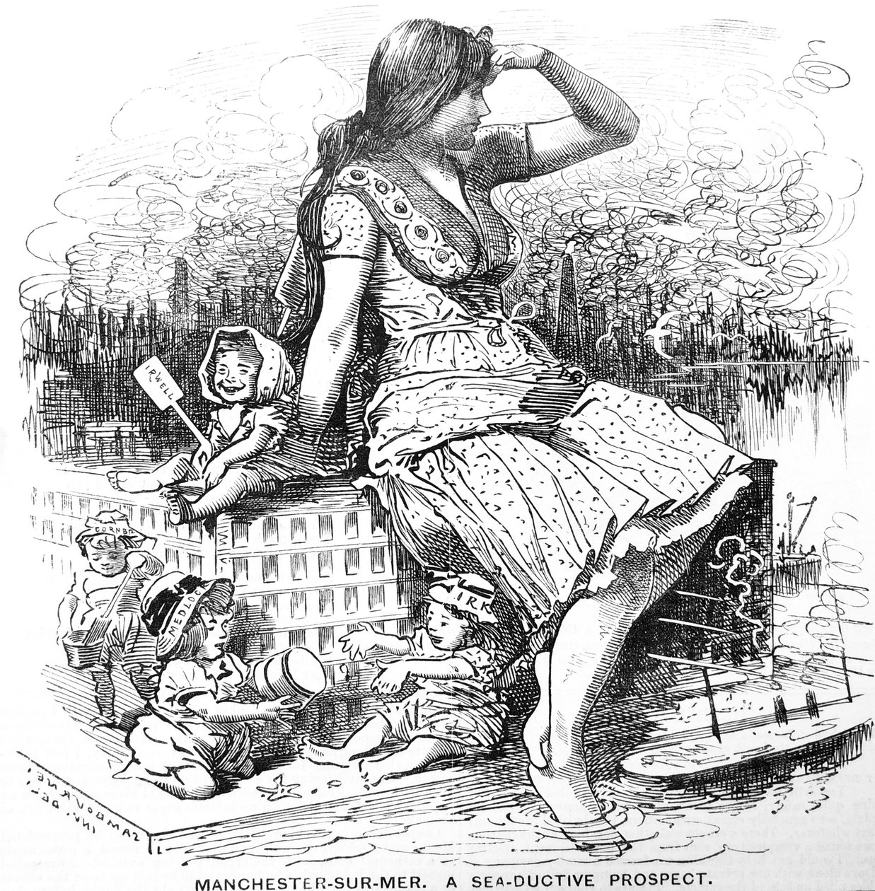 Perspectiva para Manchester tras la aprobación de los planes de Edward Leader Williams para el Canal de Navegación de Manchester. Caricatura de Edward Linley Sambourne de 