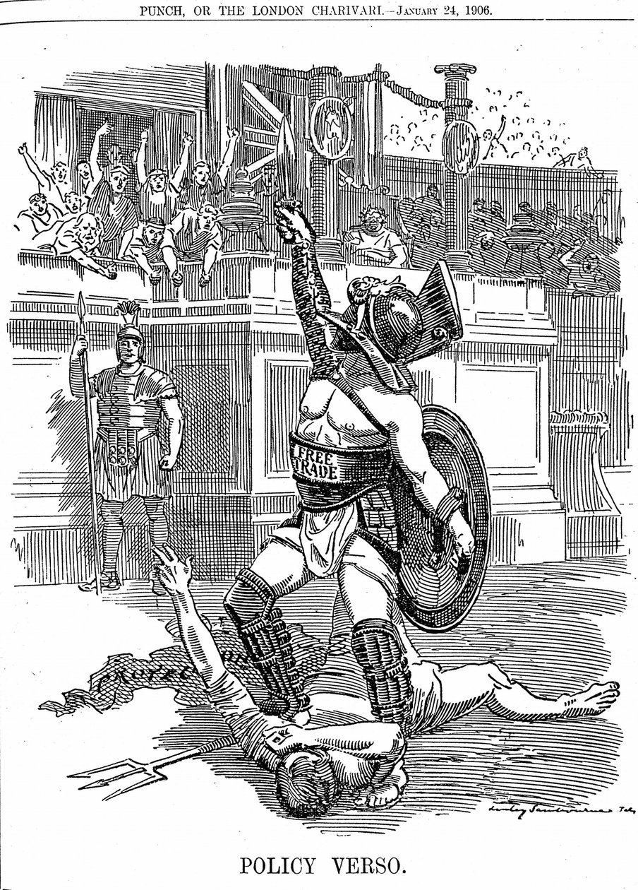 Con el regreso del gobierno liberal en Gran Bretaña, diciembre de 1905, el libre comercio era la política, en lugar de la política conservadora de protección por arancel. Caricatura de Edward Linley Sambourne de Punch Londres 24 de enero de 1906 de Edward Linley Sambourne