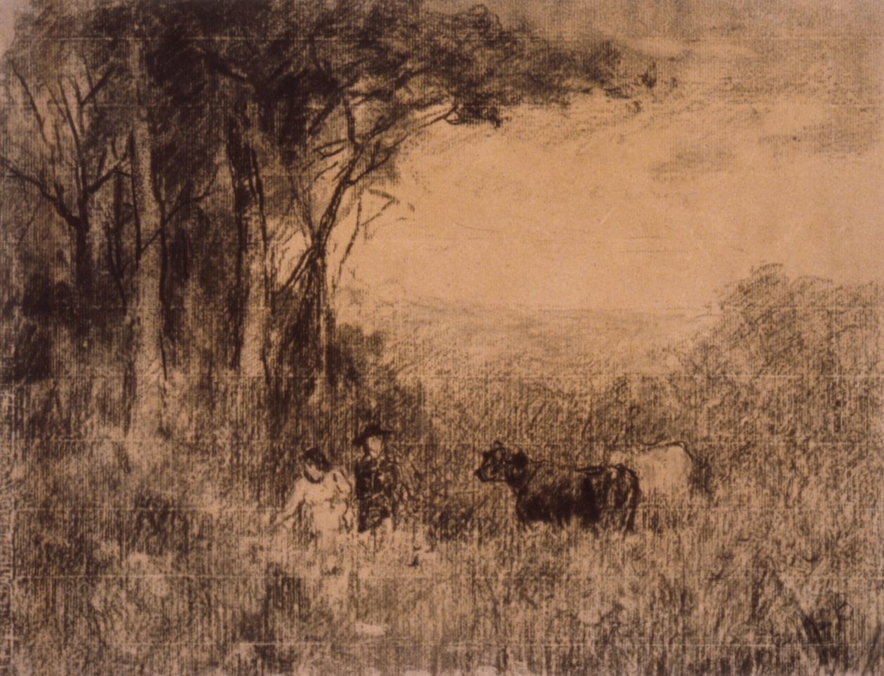 Paisaje con vacas y figuras moviéndose por los pastos de Edward Mitchell Bannister