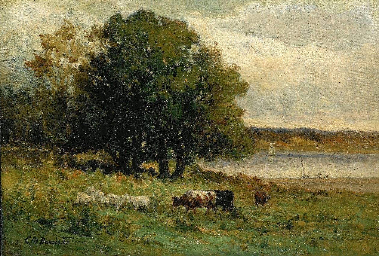 Sin título (ganado cerca del río con un velero a lo lejos) de Edward Mitchell Bannister