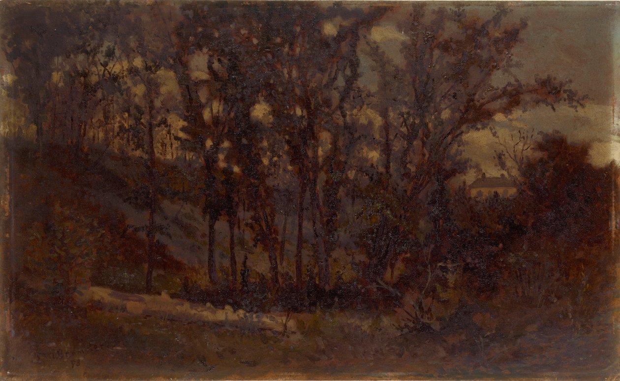 Sin título (escena de bosque, árbol caído en primer plano y casa al fondo) de Edward Mitchell Bannister