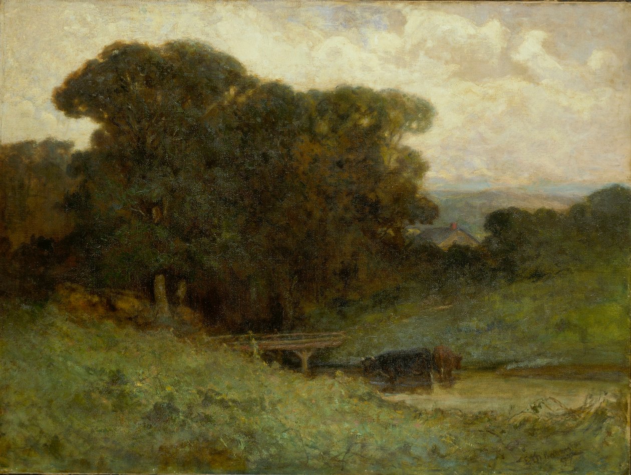 Sin título (escena de bosque con puente, vacas en el arroyo en primer plano) de Edward Mitchell Bannister