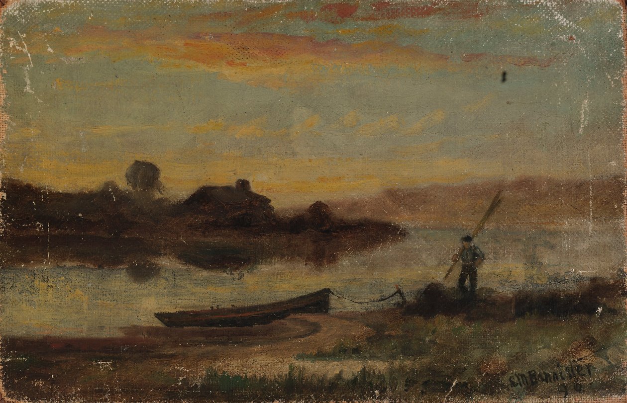 Sin título (paisaje, barco amarrado cerca de la orilla con hombre caminando) de Edward Mitchell Bannister